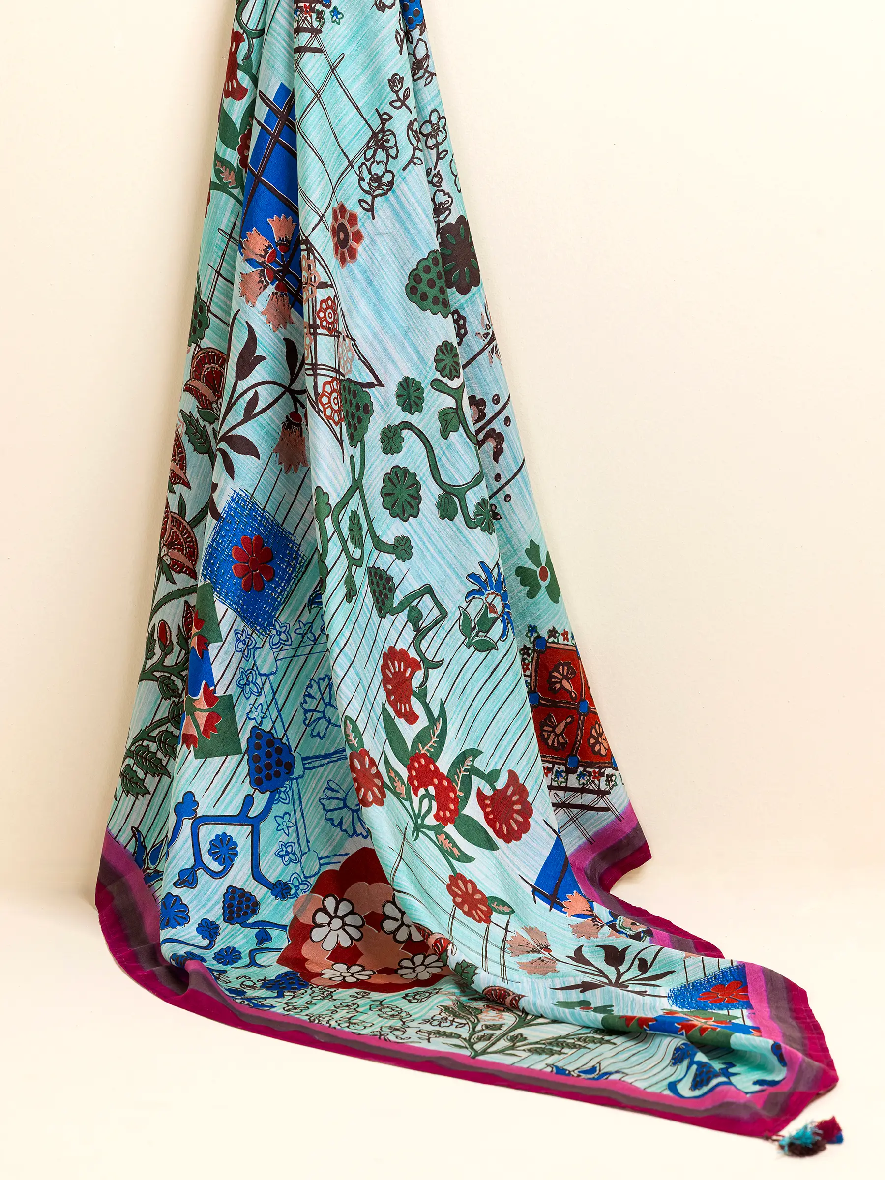 Cyan Brush Painted and Printed Silk HERSTORY Scarf