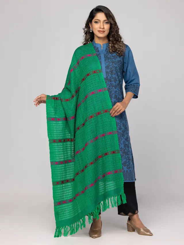 Green Mixed Fabric Tribal Shawl